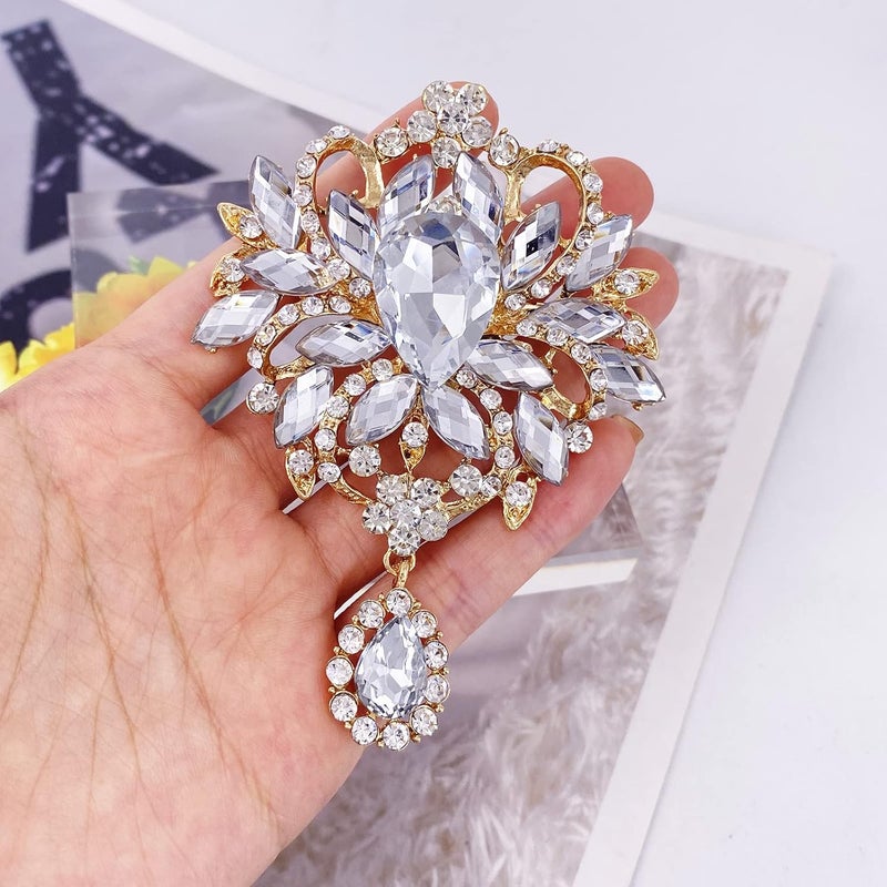 LAXPICOL Wedding Bridal Big Brown Crystal Rhinestone Bouquet Brooch Pin for Women Golden Tone - Image 3
